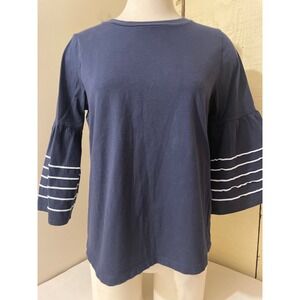 J Crew Womens Size Medium Navy Top 3/4 Sleeve Bell Cuff Striped Casual Shirt‎